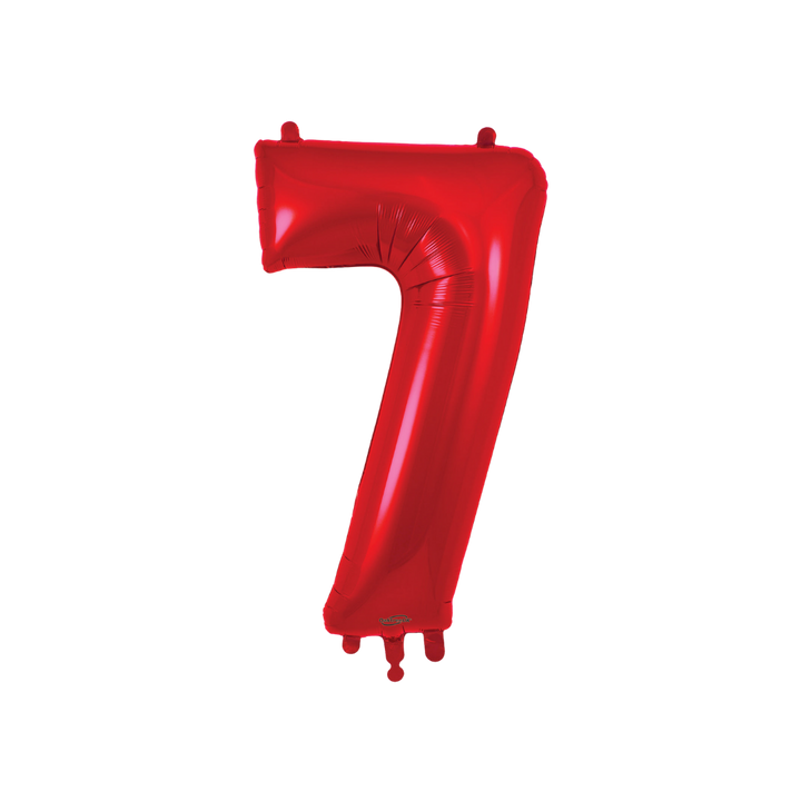 Red 34in number 7 foil balloon for birthday parties – from Parte Haus party supply store in Bethesda, MD.