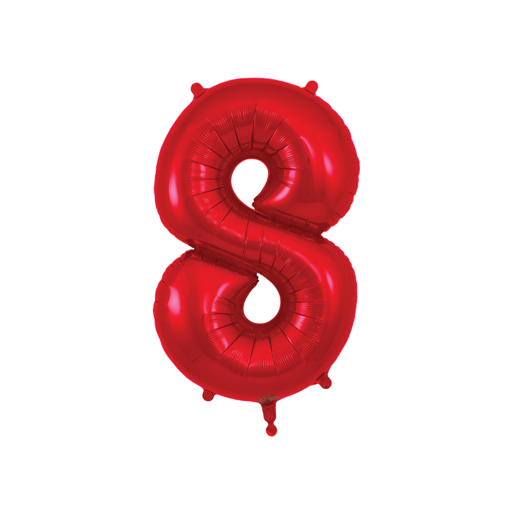 Red 34in number 8 foil balloon for birthday parties – from Parte Haus party supply store in Bethesda, Maryland.