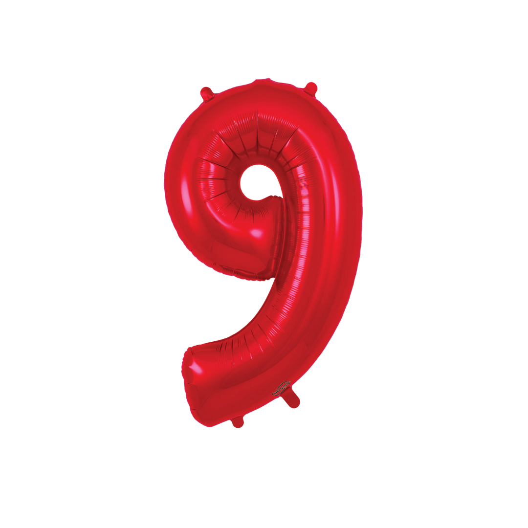 Red 34in number 9 foil balloon for birthday parties – from Parte Haus party supply store in Bethesda, MD.