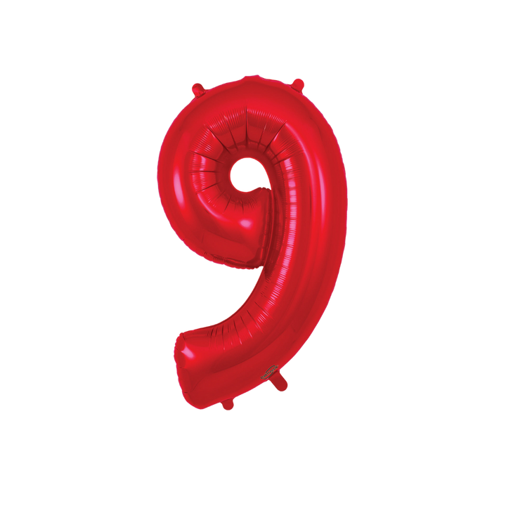 Red 34in number 9 foil balloon for birthday parties – from Parte Haus party supply store in Bethesda, MD.
