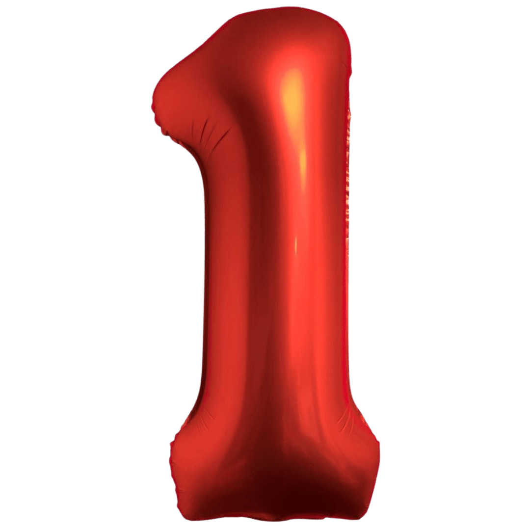 Red 34in number 1 foil balloon for birthday parties – from Parte Haus party supply store in Bethesda, Maryland.