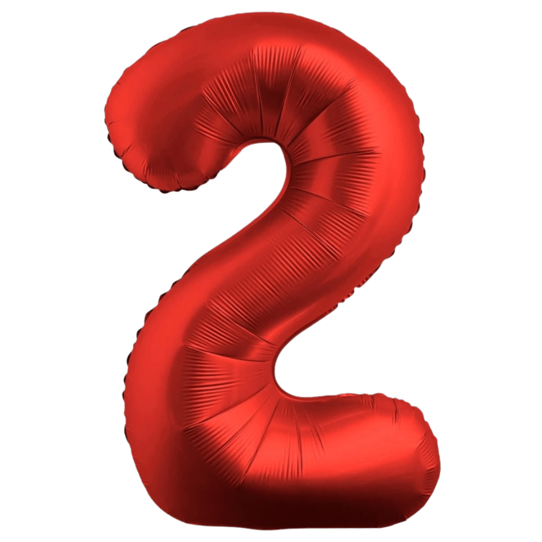 Red 34in number 2 foil balloon for birthday parties – from Parte Haus party supply store in Bethesda, Maryland.