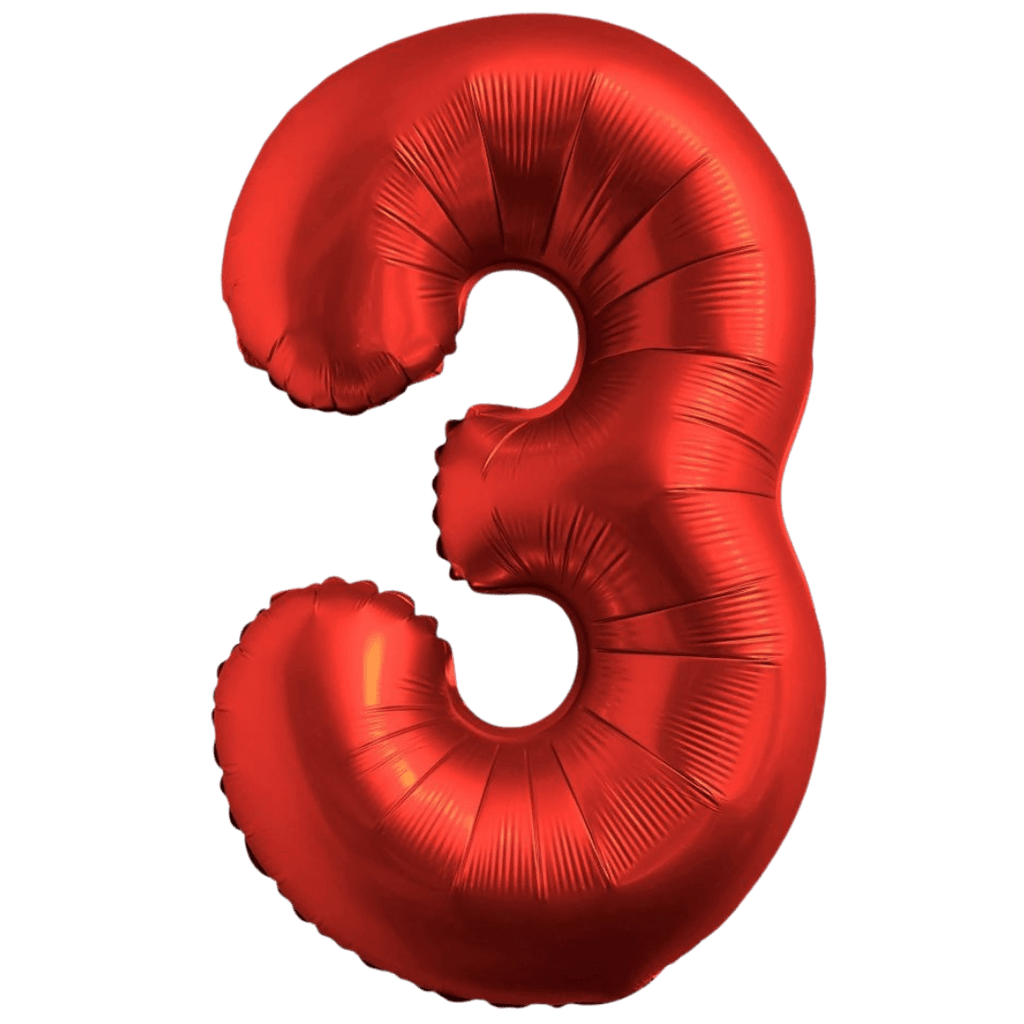 Red number three foil balloon birthday decoration from Parte Haus party supply store in Bethesda Maryland