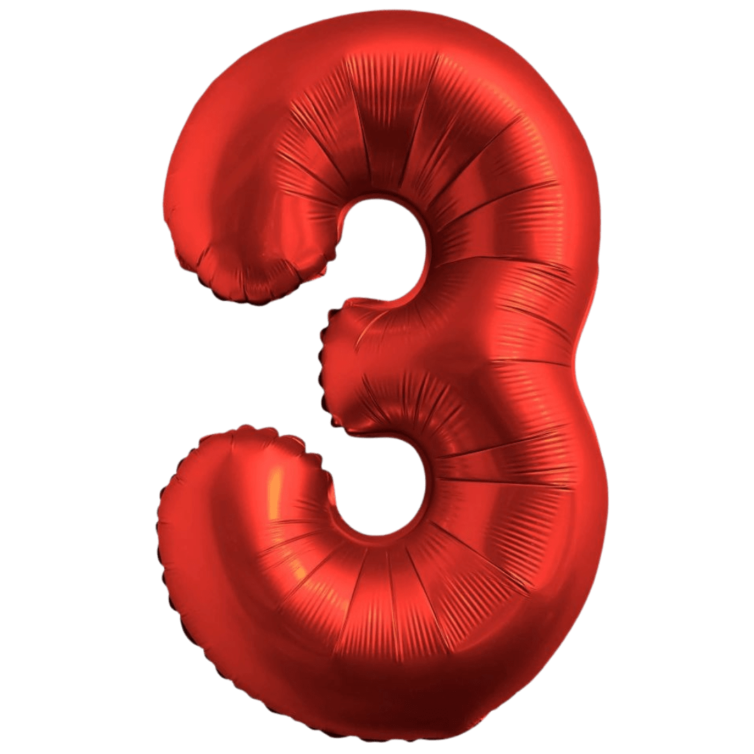 Red number three foil balloon birthday decoration from Parte Haus party supply store in Bethesda Maryland