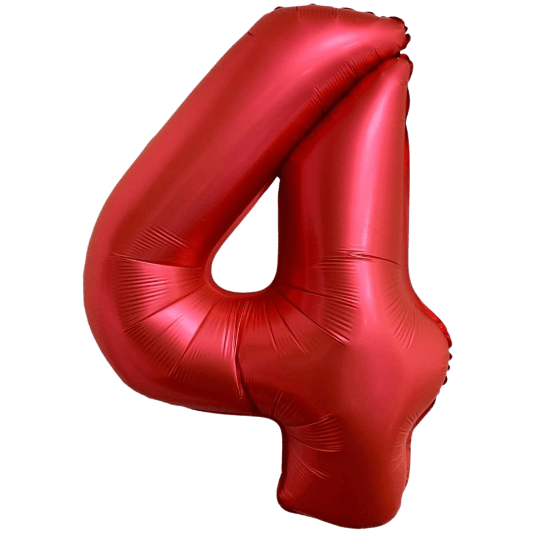 Red 34in number 4 foil balloon for birthday parties – from Parte Haus party supply store in Bethesda, Maryland.