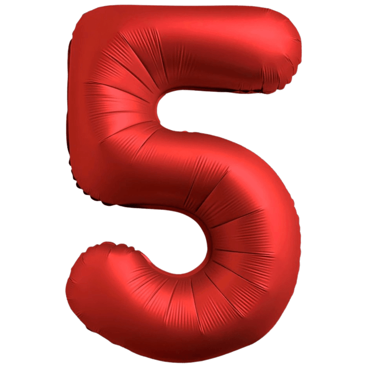 Red 34in number 5 foil balloon for birthday parties – from Parte Haus party supply store in Bethesda, Maryland.