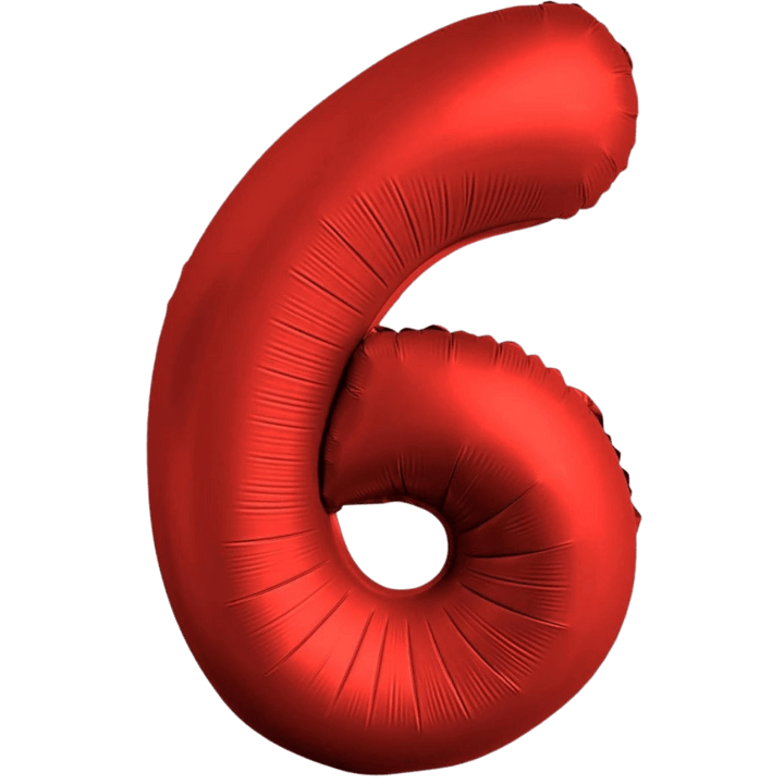 Red 34in number 6 foil balloon for birthday parties – from Parte Haus party supply store in Bethesda, Maryland.