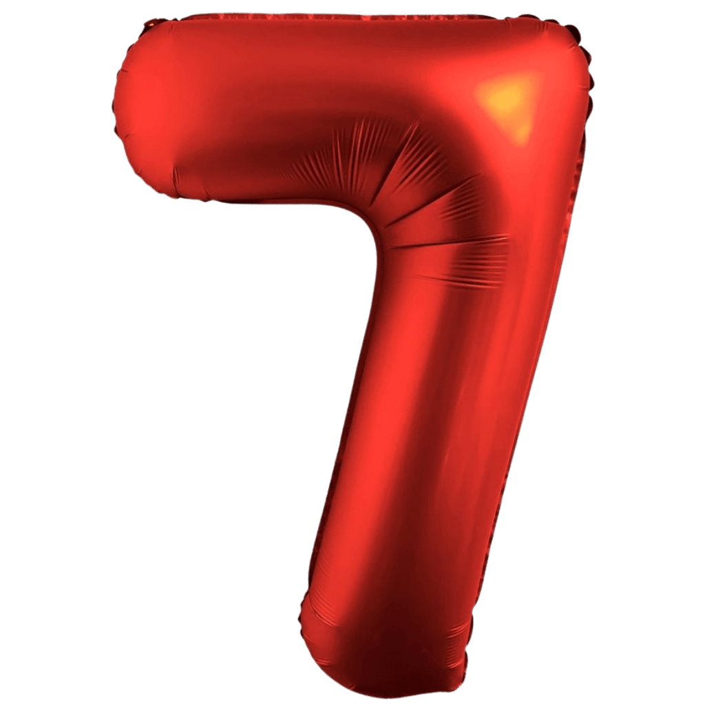 Red number 7 foil balloon shiny for birthday from Parte Haus party supply store in Bethesda Maryland