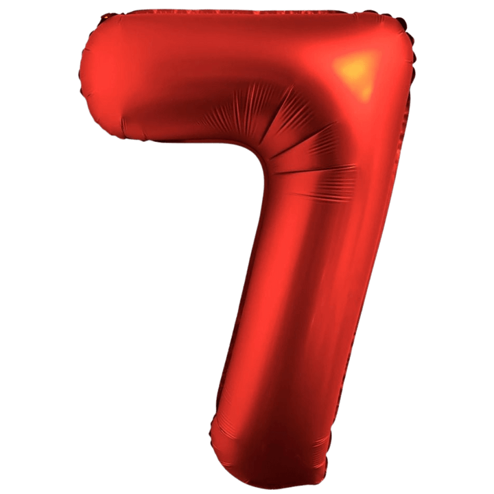 Red 34in number 7 foil balloon for birthday parties – from Parte Haus party supply store in Bethesda, Maryland.