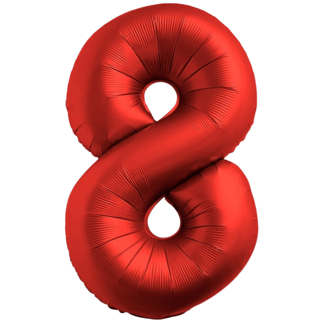 Red number 8 foil balloon shiny decoration for birthday from Parte Haus party supply store in Bethesda MD