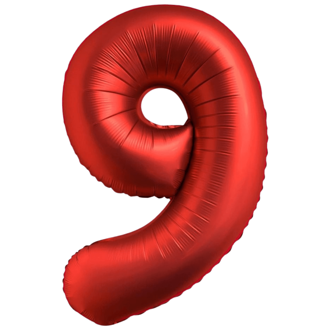 Red 34in number 9 foil balloon for birthday parties – from Parte Haus party supply store in Bethesda, Maryland.