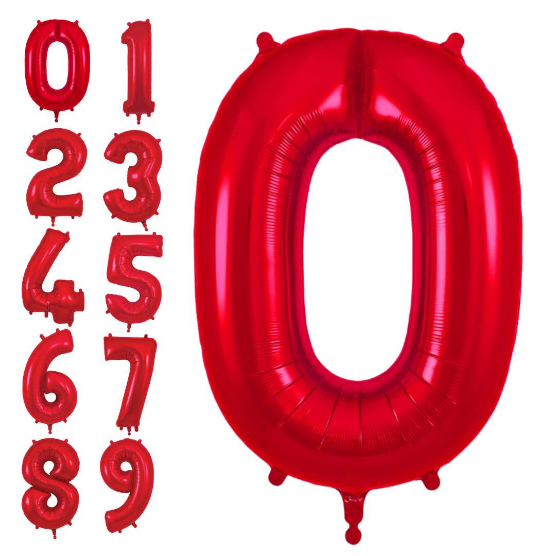 Red number foil balloon full set for birthday celebration from Parte Haus party supply store in Bethesda MD