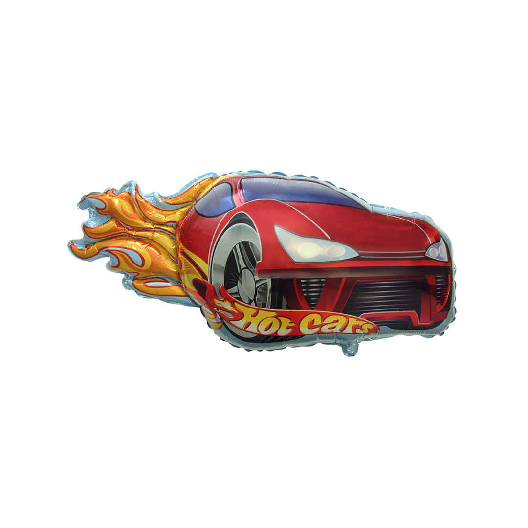 Red orange hot cars foil balloon with flames racing birthday theme from Parte Haus party supply store in Bethesda MD