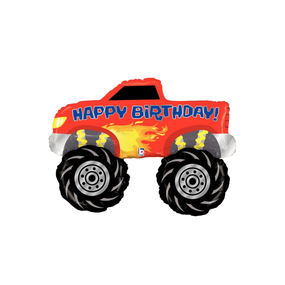 Red and orange 40in monster truck Happy Birthday foil balloon for birthday parties – from Parte Haus party supply store in Bethesda, MD.