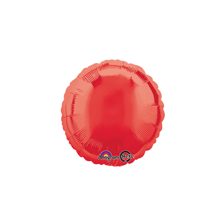 Red 18in round foil balloon with a glossy finish for birthdays, weddings, and graduations – from Parte Haus party supply store in Bethesda, MD.