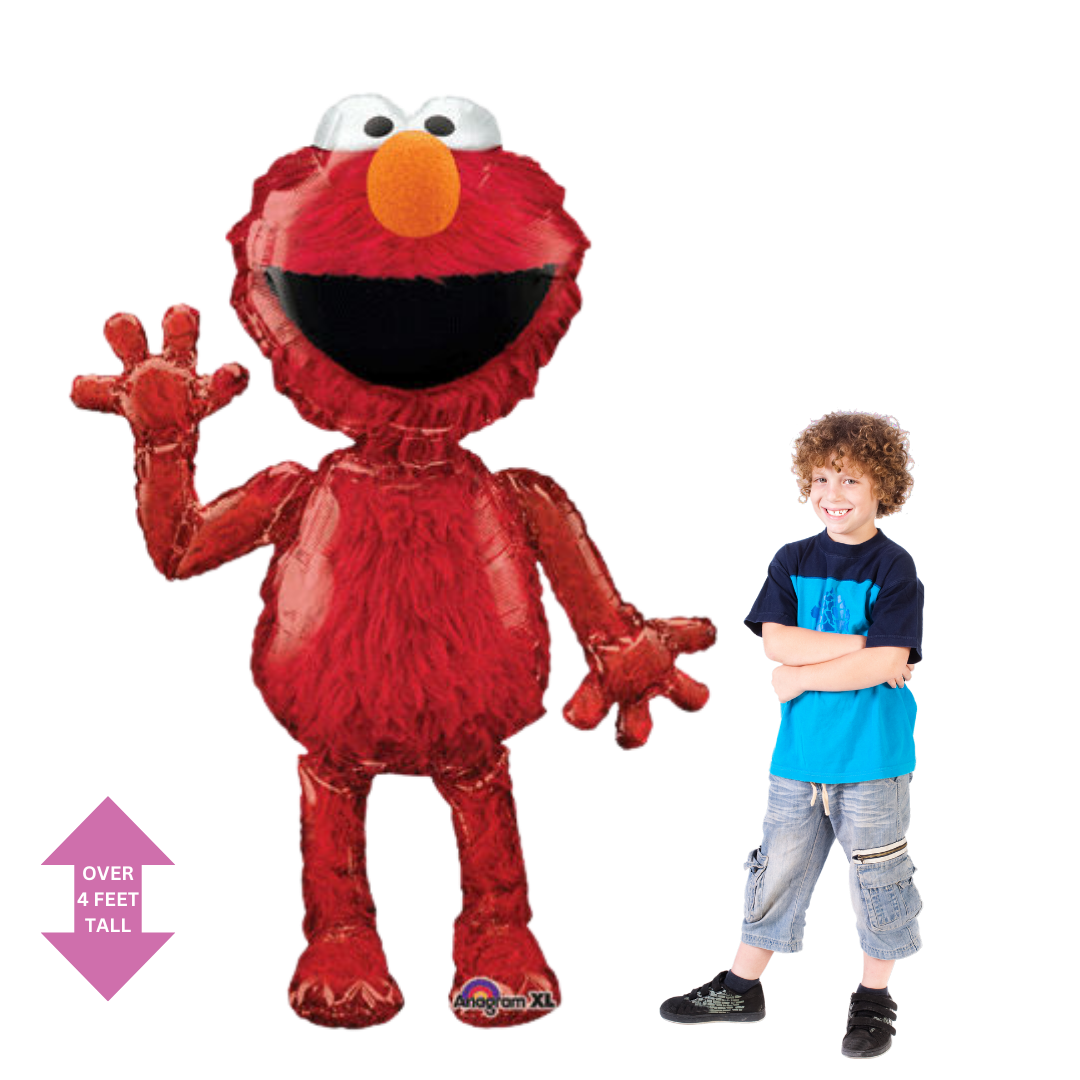 Red 50in life-size Elmo Sesame Street foil balloon with bright fur and big smile for kids’ birthday parties.