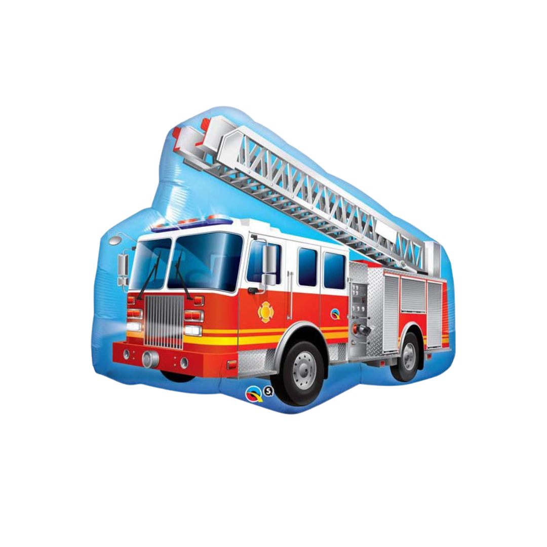 Red and silver 36in fire truck foil balloon for birthday parties – from Parte Haus party supply store in Bethesda, Maryland.