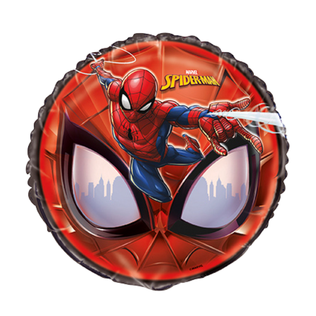 Red Spiderman round foil balloon with action pose for birthday from Parte Haus party supply store in Bethesda Maryland