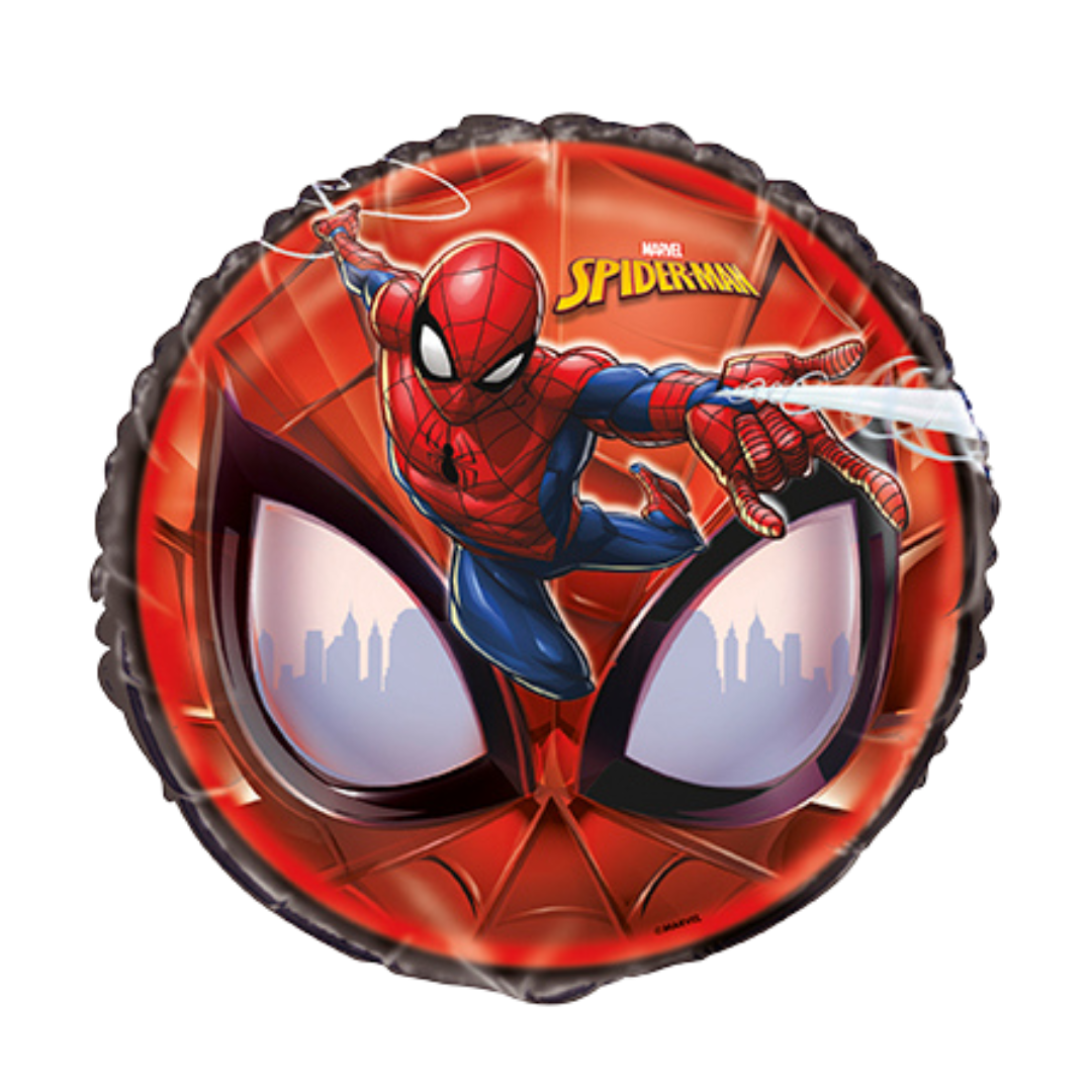 Red Spiderman round foil balloon with action pose for birthday from Parte Haus party supply store in Bethesda Maryland