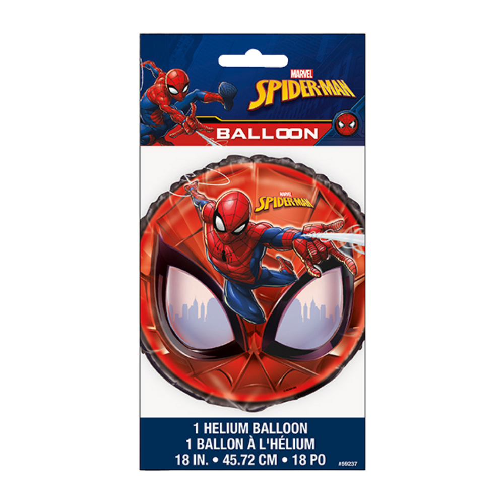 Red Spiderman round foil balloon with Spiderman graphic for birthday from Parte Haus party supply store in Bethesda MD