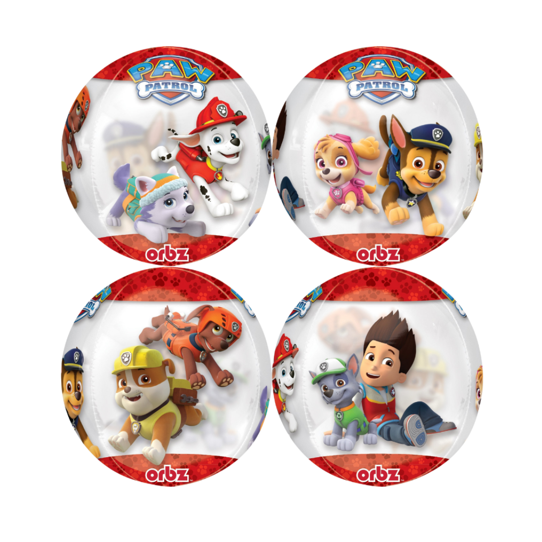 Red white orbz bubble balloon with Paw Patrol characters for birthday from Parte Haus party supply store in Bethesda Maryland