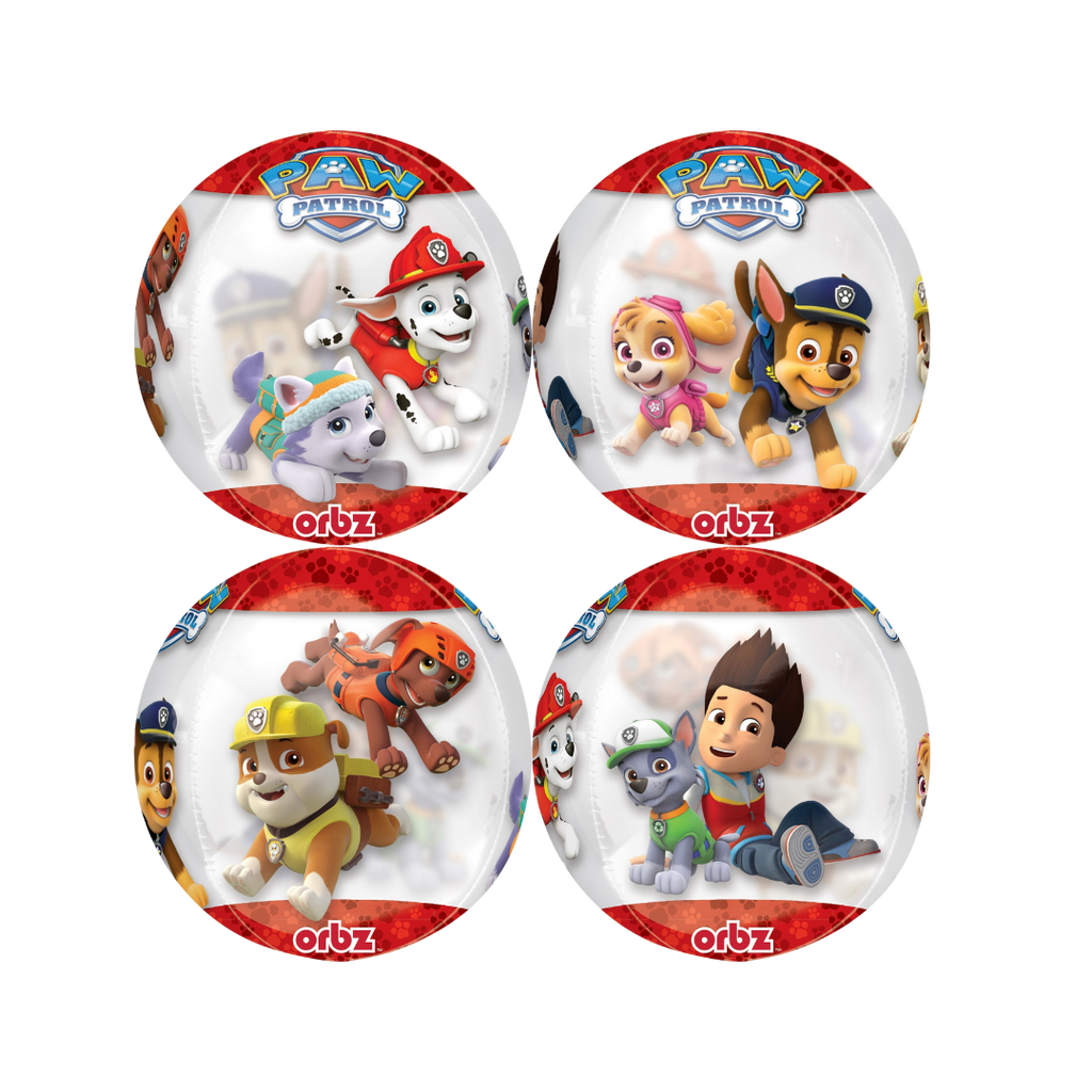 Red white orbz bubble balloon with Paw Patrol characters for birthday party from Parte Haus party supply store in Bethesda MD