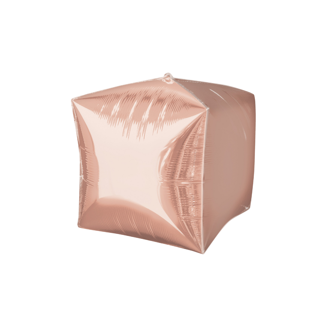 Rose gold 16in cube foil balloon for party décor from Parte Haus party supply store in Bethesda, MD.