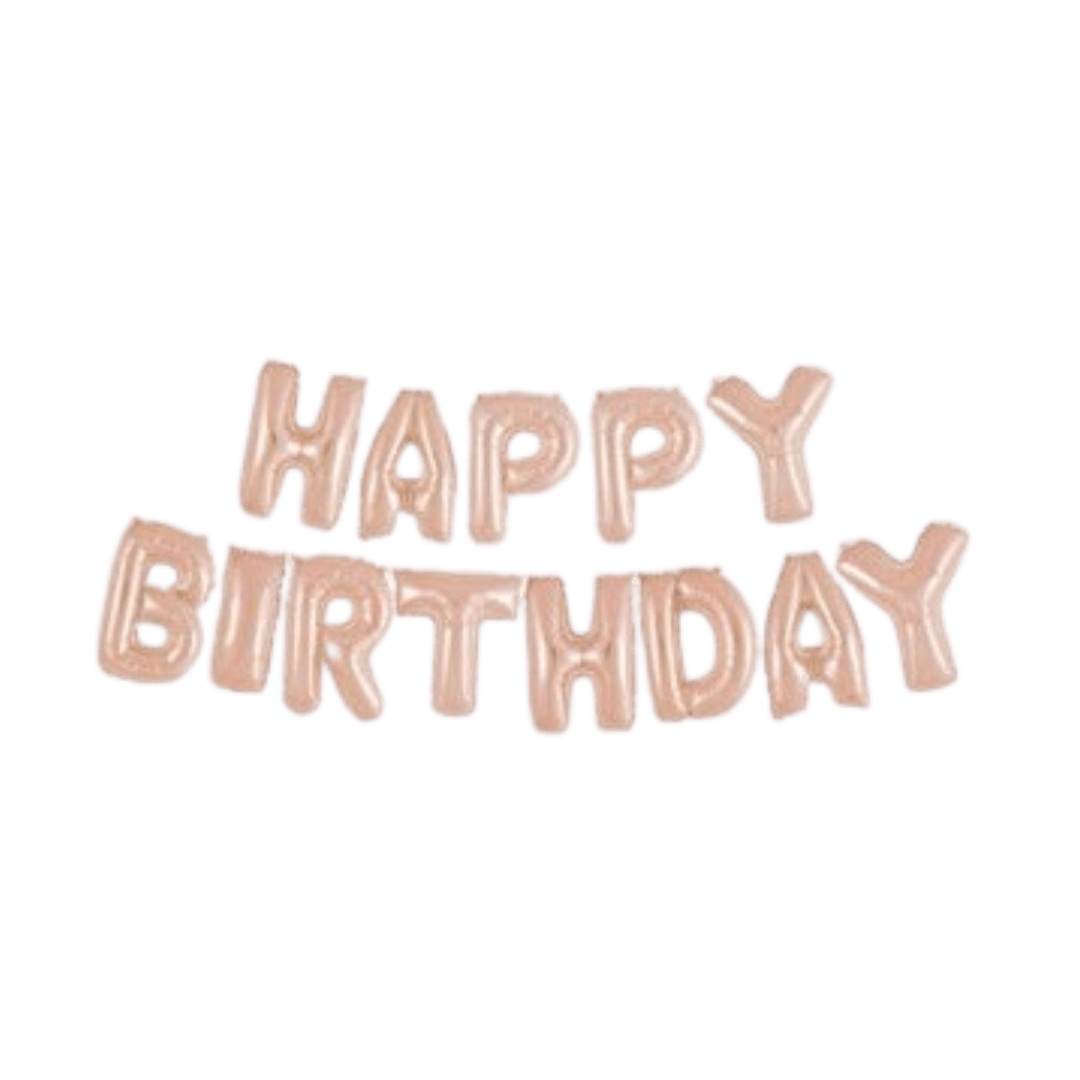Rose gold 14in happy birthday banner foil balloon with shiny metallic finish for birthday parties – from Parte Haus party supply store in Bethesda, Maryland