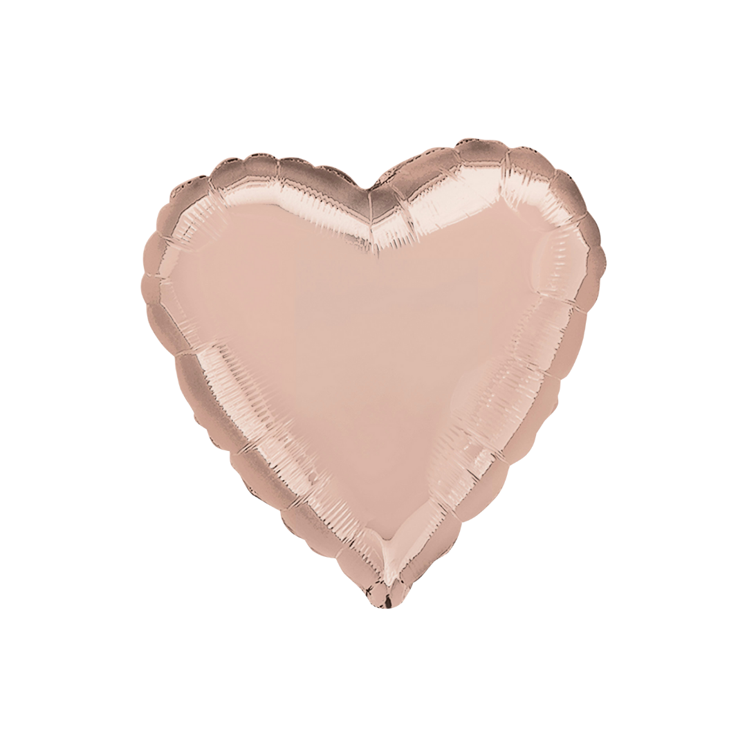 Rose gold 18in heart foil balloon with shiny metallic finish for romantic celebrations or parties – from Parte Haus party supply store in Bethesda, MD.