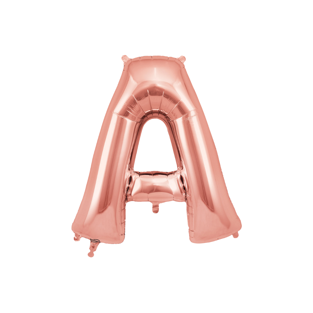 Rose gold 34in letter A foil balloon for birthday, wedding, and anniversary party – from Parte Haus party supply store in Bethesda, Maryland.