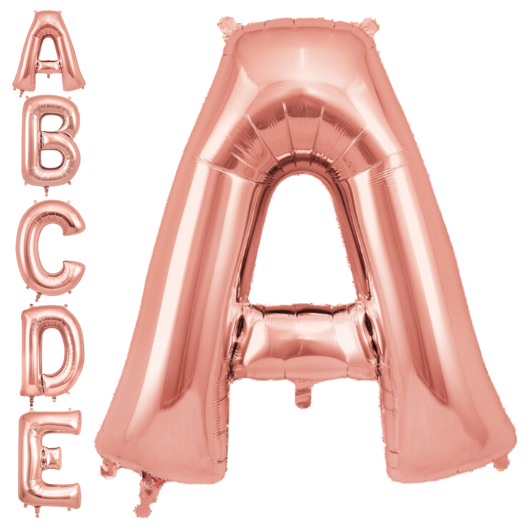 Rose gold letter balloon shaped like an A for birthday or wedding from Parte Haus party supply store in Bethesda MD