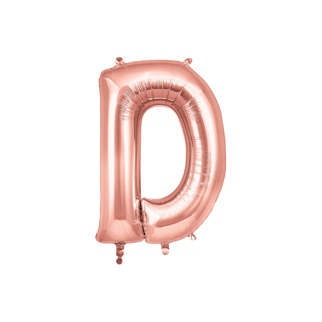 Rose gold 34in letter D foil balloon for birthday, wedding, and anniversary party – from Parte Haus party supply store in Bethesda, MD.