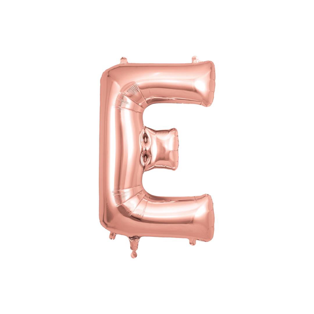 Rose gold 34in letter E foil balloon for birthday, wedding, and anniversary party – from Parte Haus party supply store in Bethesda, Maryland.