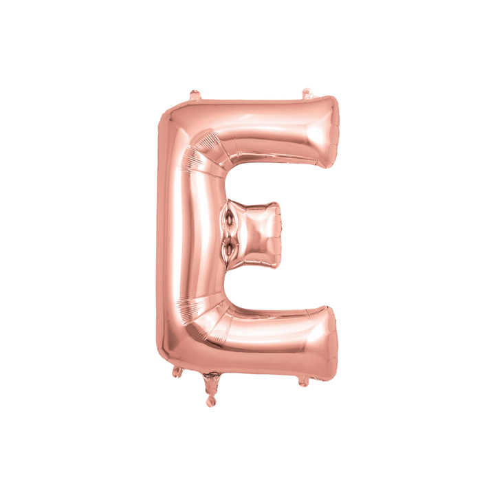 Rose gold 34in letter E foil balloon for birthday, wedding, and anniversary party – from Parte Haus party supply store in Bethesda, Maryland.