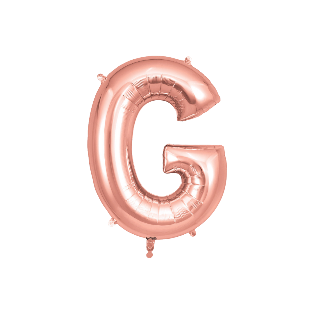 Rose gold 34in letter G foil balloon for birthday, wedding, and anniversary party – from Parte Haus party supply store in Bethesda, Maryland.