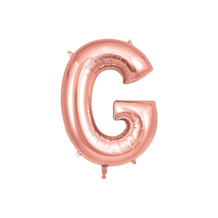 Rose gold 34in letter G foil balloon for birthday, wedding, and anniversary party – from Parte Haus party supply store in Bethesda, Maryland.