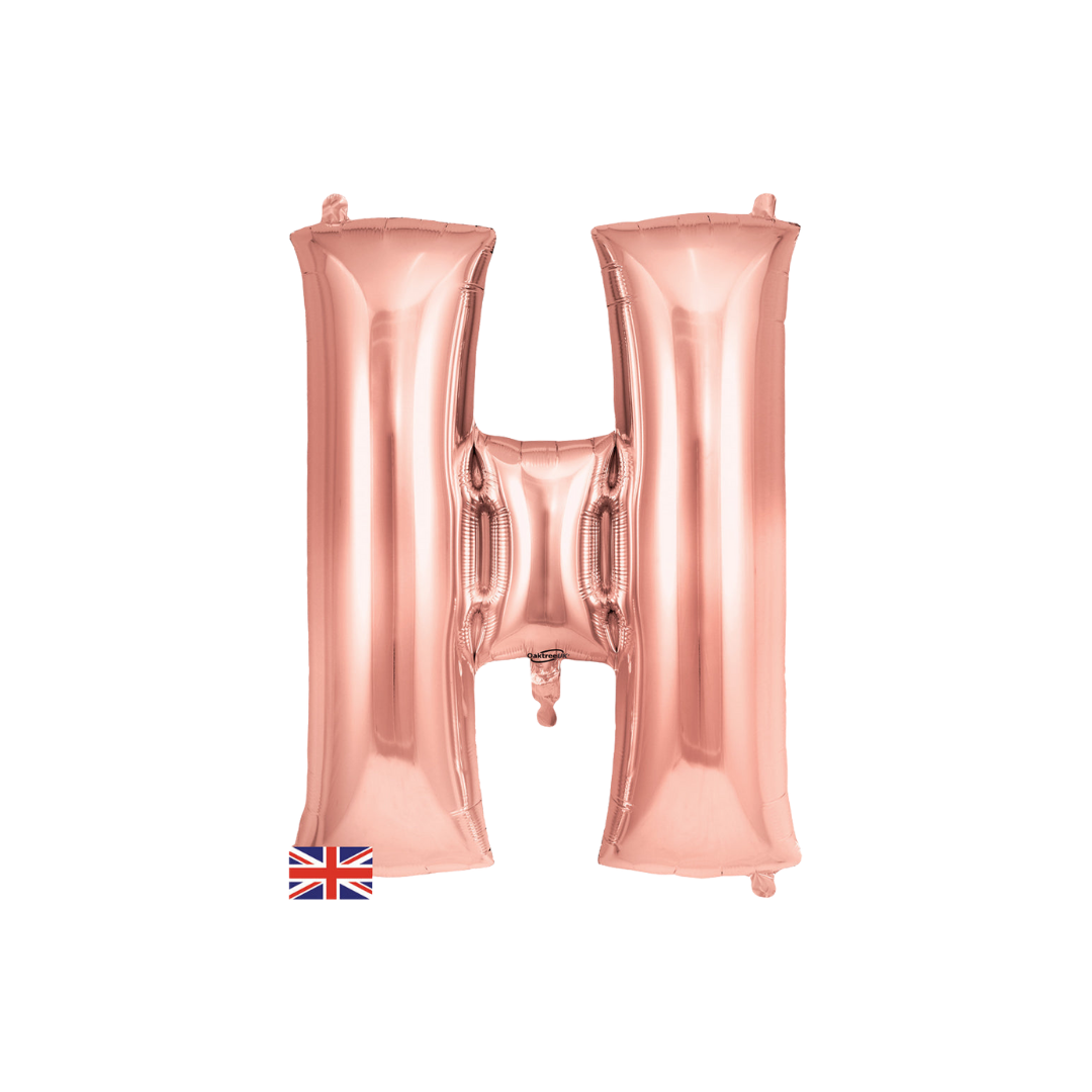 Rose gold 34in letter H foil balloon for birthday, wedding, and anniversary party – from Parte Haus party supply store in Bethesda, MD.