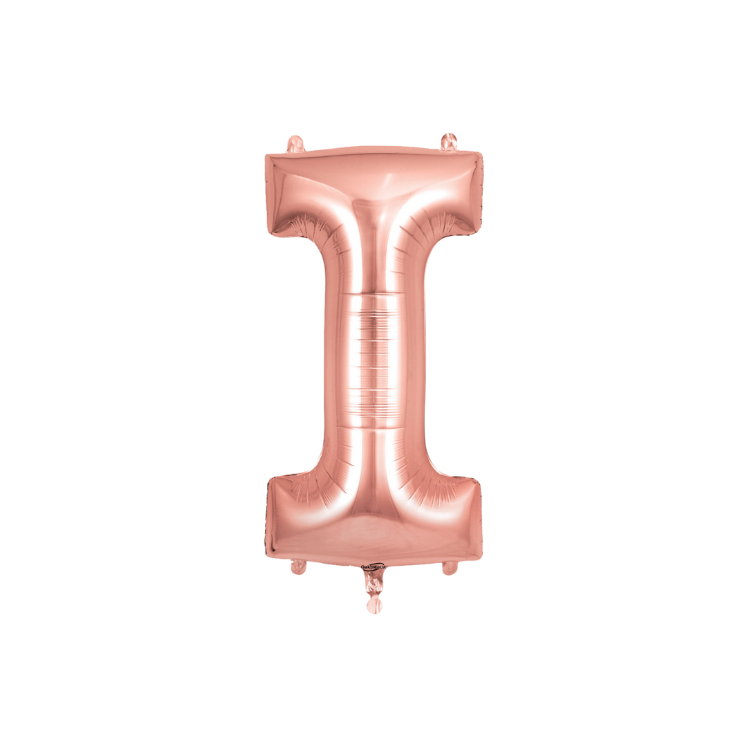 Rose gold 34in letter I foil balloon for birthday, wedding, and anniversary party – from Parte Haus party supply store in Bethesda, Maryland.