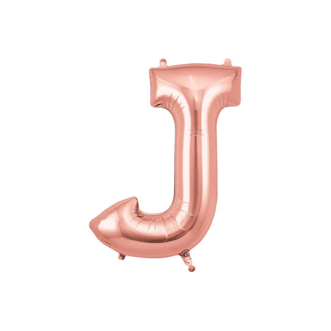 Rose gold 34in letter J foil balloon for birthday, wedding, and anniversary party – from Parte Haus party supply store in Bethesda, MD.