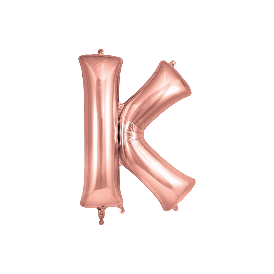 Rose gold 34in letter K foil balloon for birthday, wedding, and anniversary party – from Parte Haus party supply store in Bethesda, Maryland.