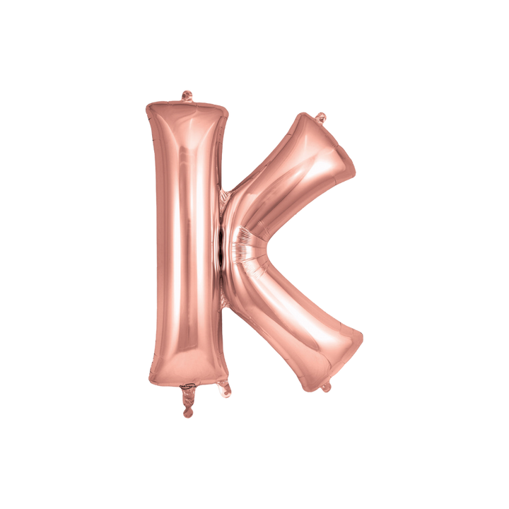 Rose gold 34in letter K foil balloon for birthday, wedding, and anniversary party – from Parte Haus party supply store in Bethesda, Maryland.