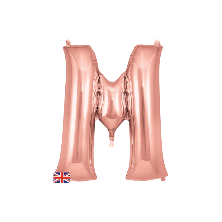 Rose gold 34in letter M foil balloon for birthday, wedding, and anniversary party – from Parte Haus party supply store in Bethesda, Maryland.