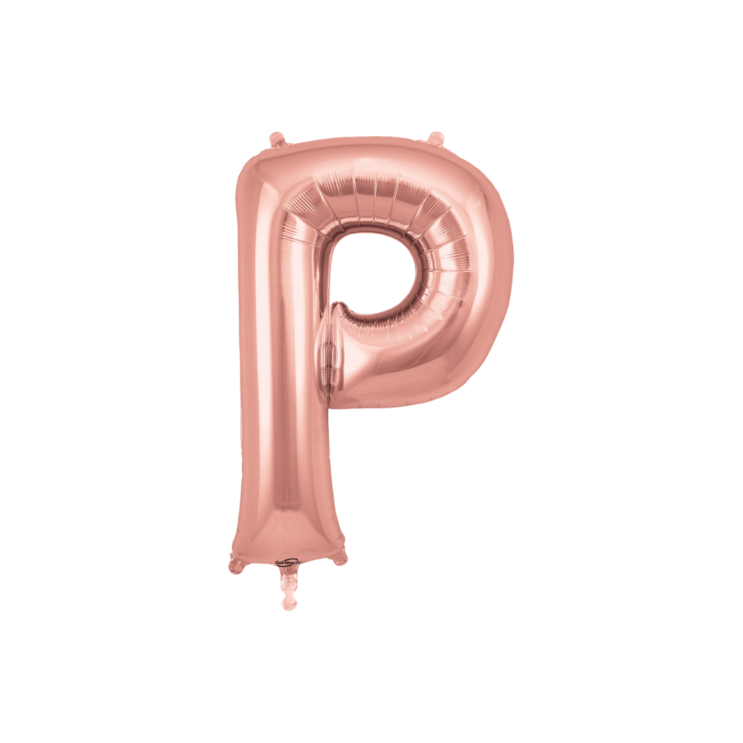 Rose gold 34in letter P foil balloon for birthday, wedding, and anniversary party – from Parte Haus party supply store in Bethesda, MD.