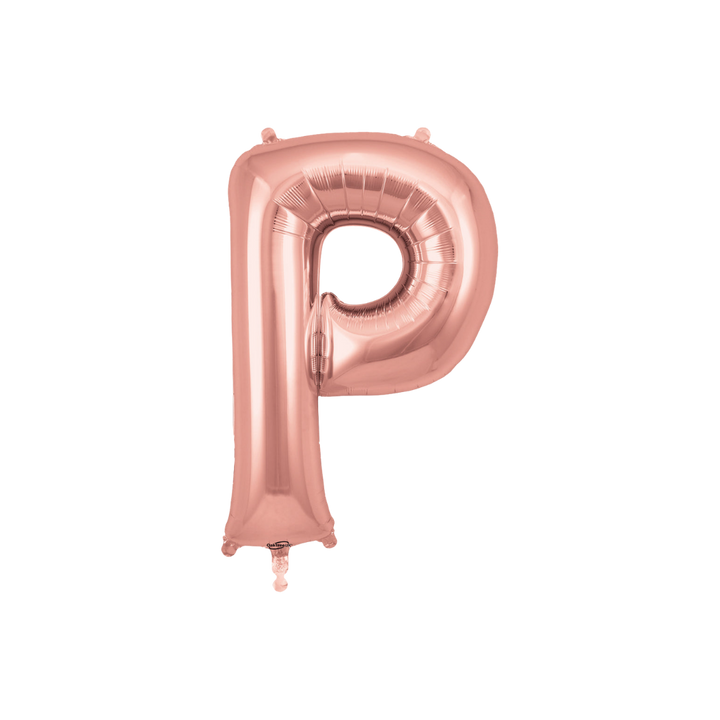 Rose gold 34in letter P foil balloon for birthday, wedding, and anniversary party – from Parte Haus party supply store in Bethesda, MD.