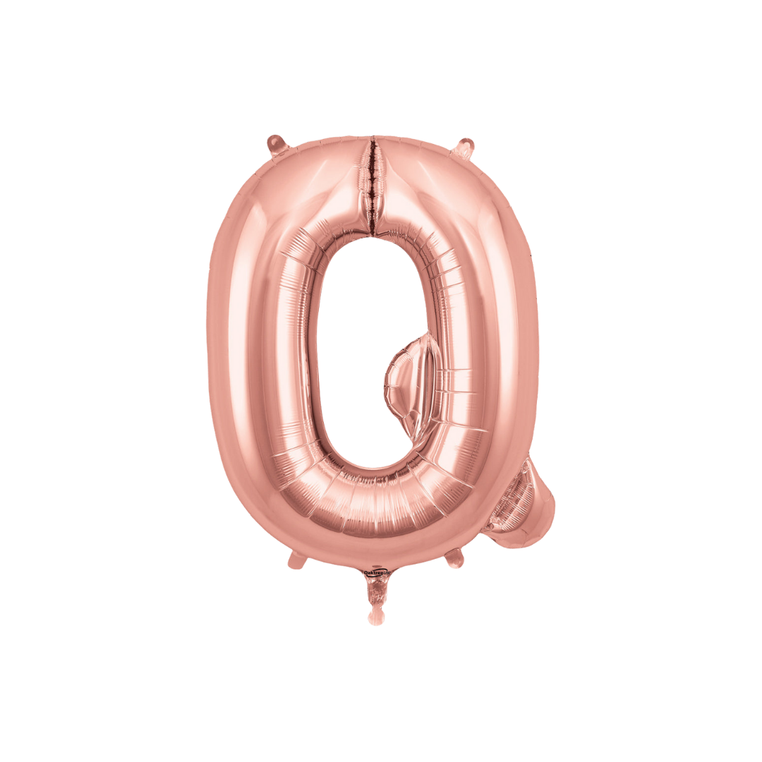 Rose gold 34in letter Q foil balloon for birthday, wedding, and anniversary party – from Parte Haus party supply store in Bethesda, Maryland.
