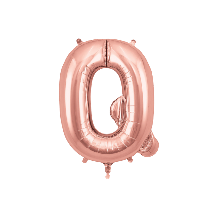 Rose gold 34in letter Q foil balloon for birthday, wedding, and anniversary party – from Parte Haus party supply store in Bethesda, Maryland.