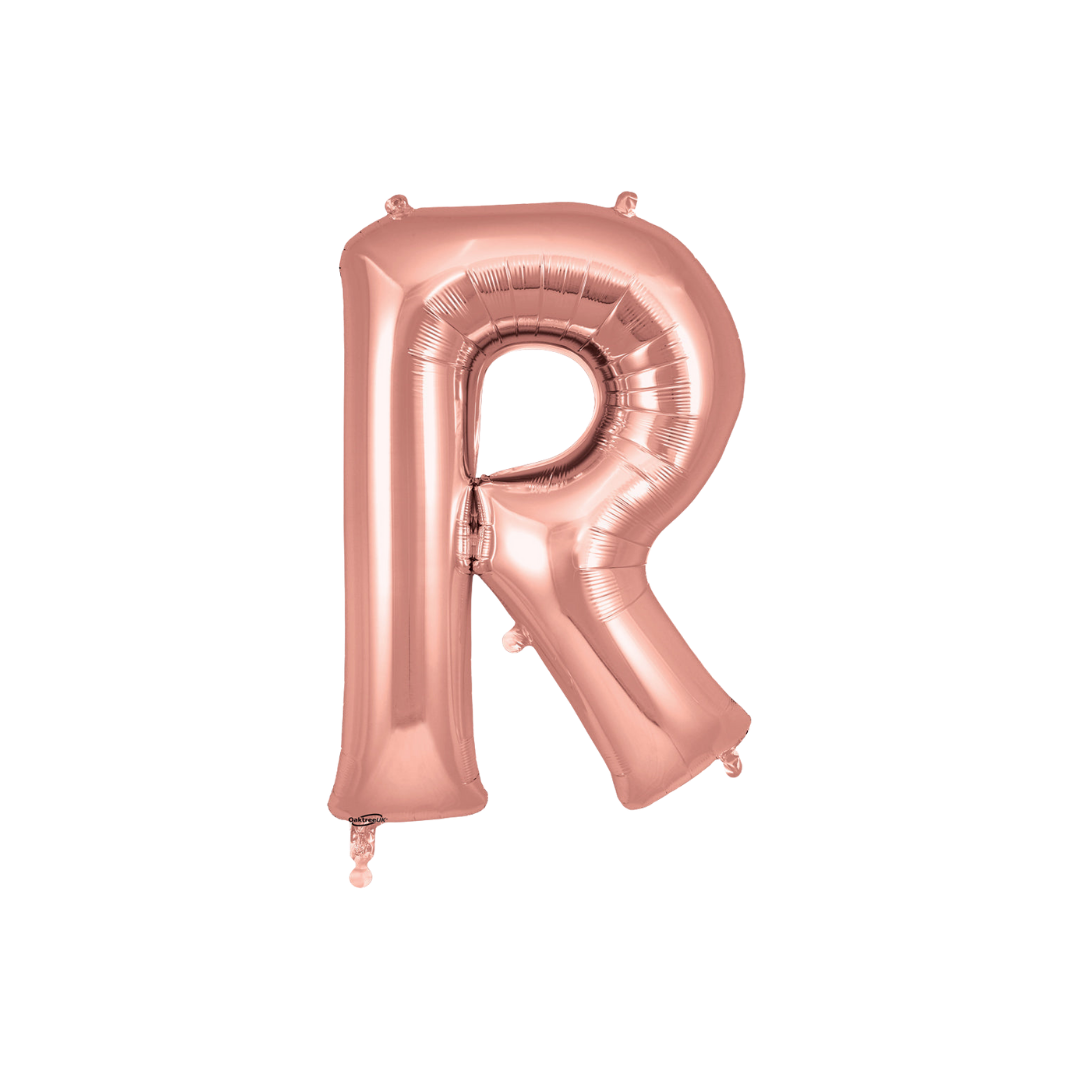 Rose gold letter R foil balloon for birthday or wedding from Parte Haus party supply store in Bethesda MD.