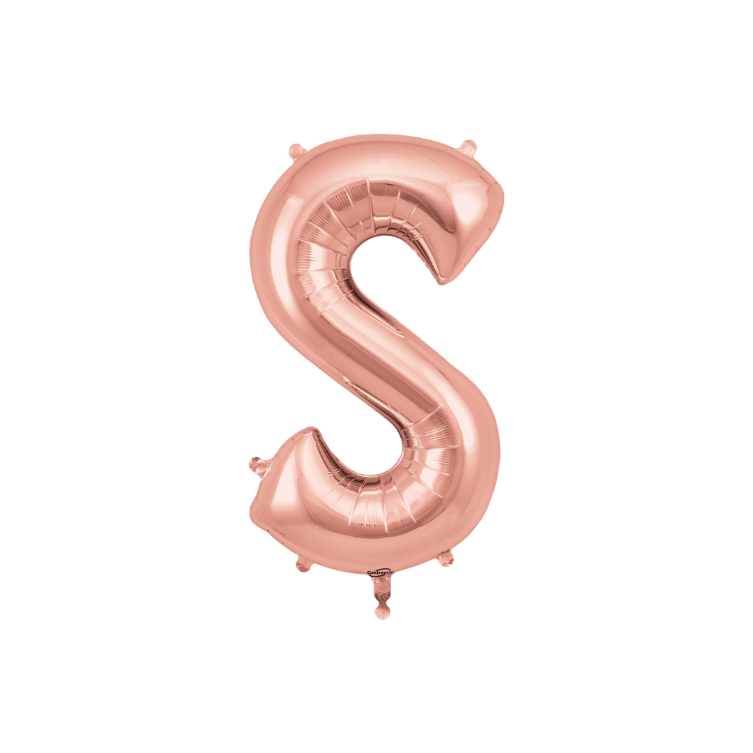 Rose gold 34in letter S foil balloon for birthday, wedding, and anniversary party – from Parte Haus party supply store in Bethesda, Maryland.