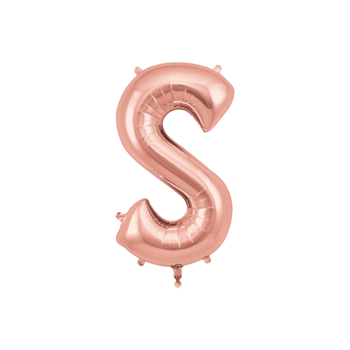 Rose gold 34in letter S foil balloon for birthday, wedding, and anniversary party – from Parte Haus party supply store in Bethesda, Maryland.