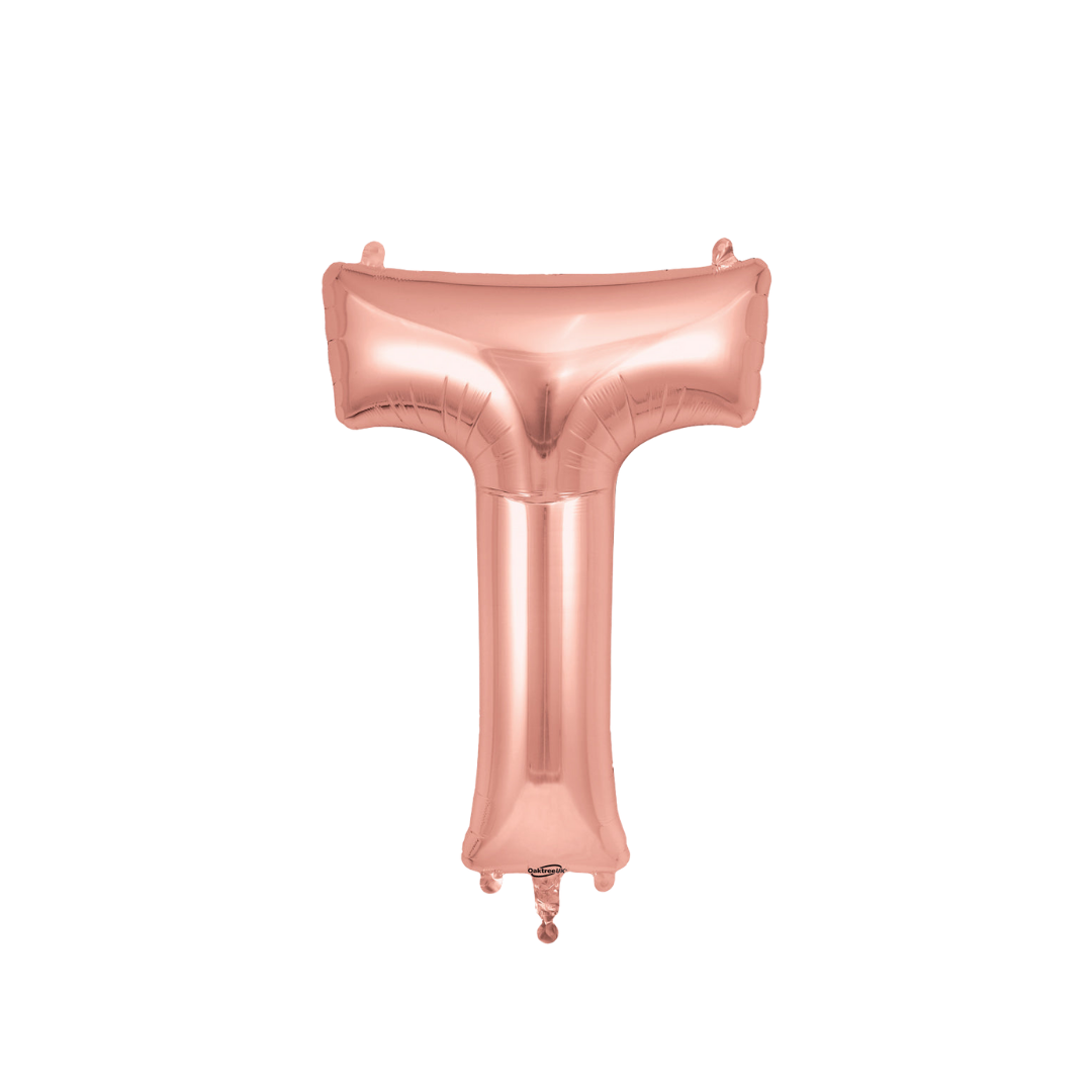 Rose gold 34in letter T foil balloon for birthday, wedding, and anniversary party – from Parte Haus party supply store in Bethesda, MD.